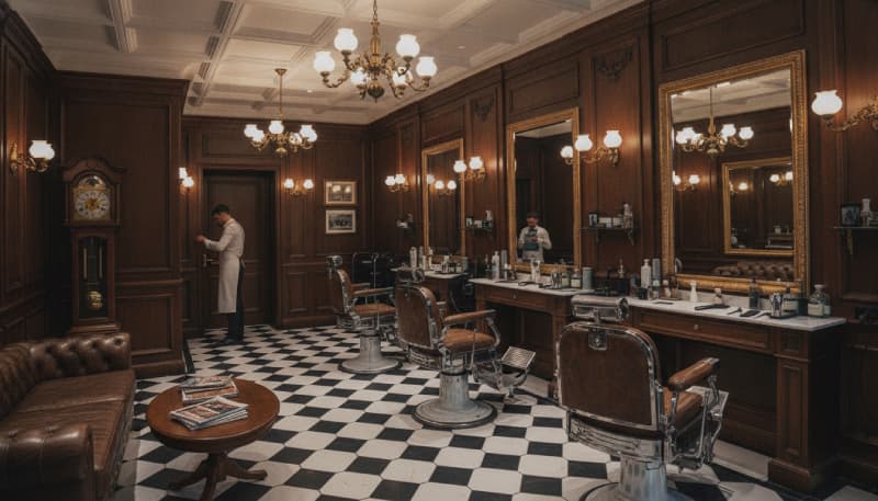 Profissional de barbearia concentrado e sorridente cuidando da barba de um cliente.